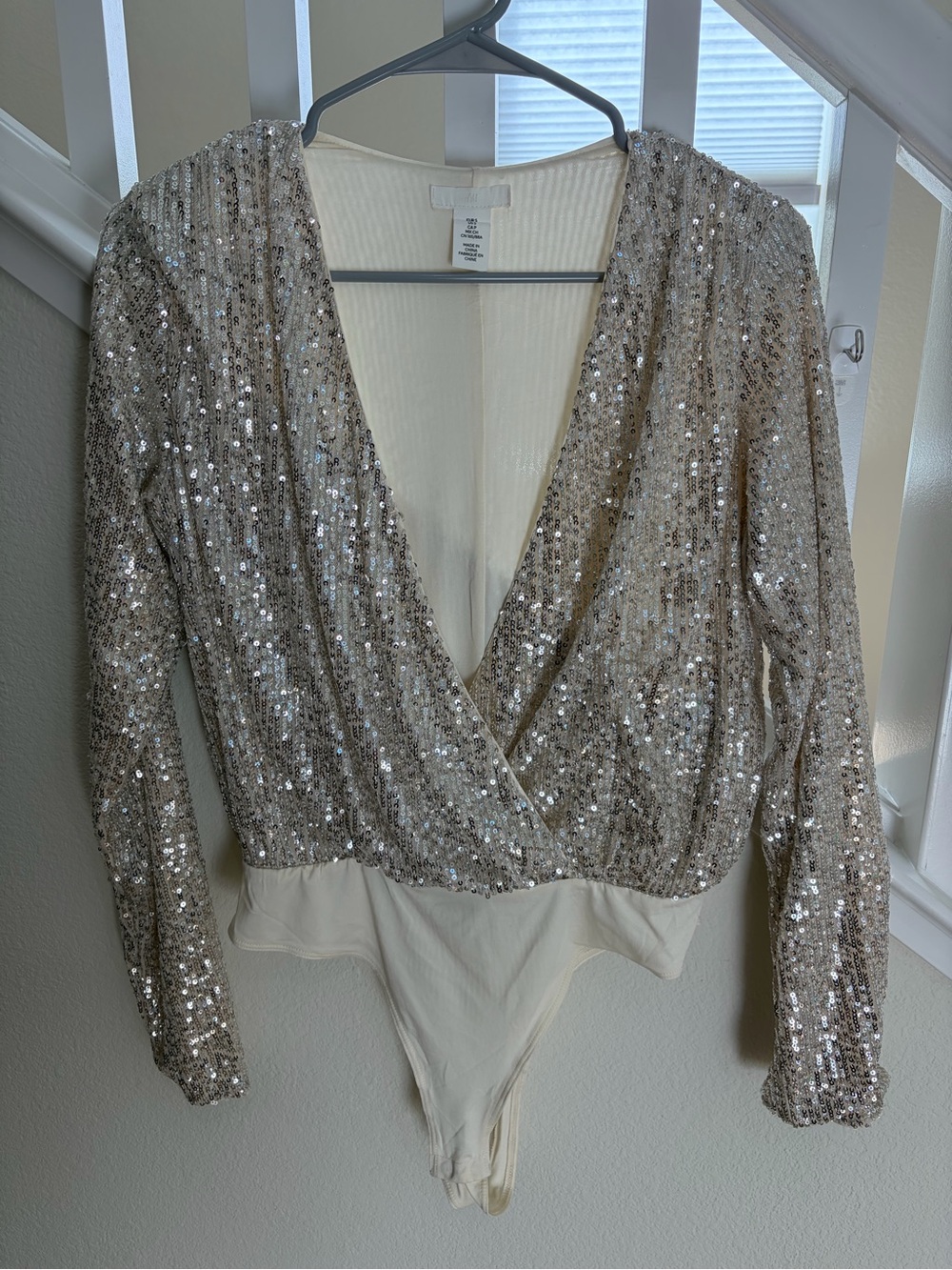 H&M Sequin Wrap Bodysuit in Cream - Women Tops